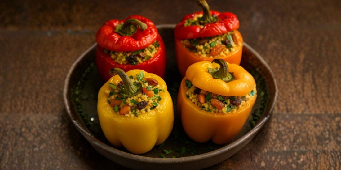 Kahwa-Spiced Stuffed Bell Peppers with Couscous & Pomegranate