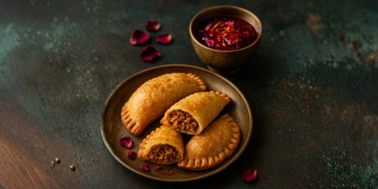 Kahwa-Spiced Chicken Empanadas with Rose-Saffron Chutney