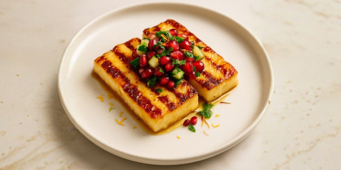 Saffron Kahwa Glazed Halloumi with Pomegranate Salsa